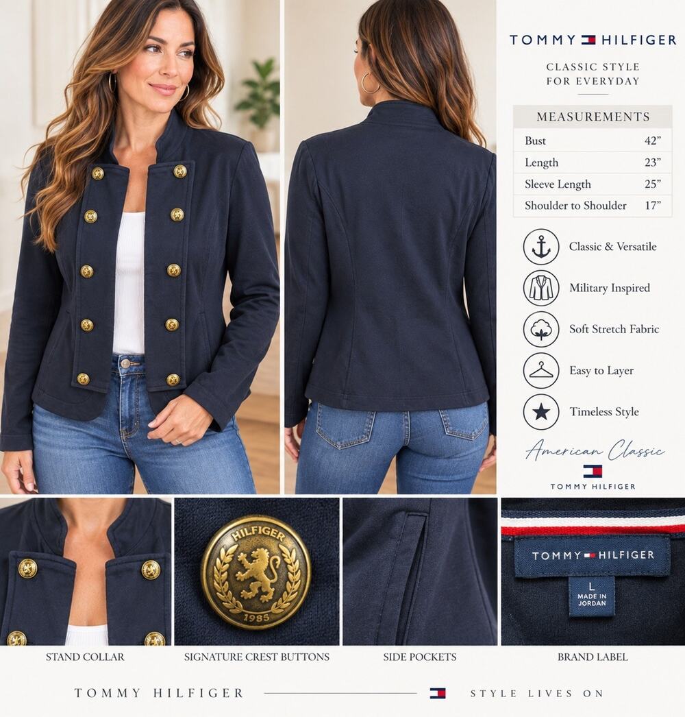 Tommy Hilfiger Women’s Navy Military Jacket Gold Buttons Pockets Size L/G